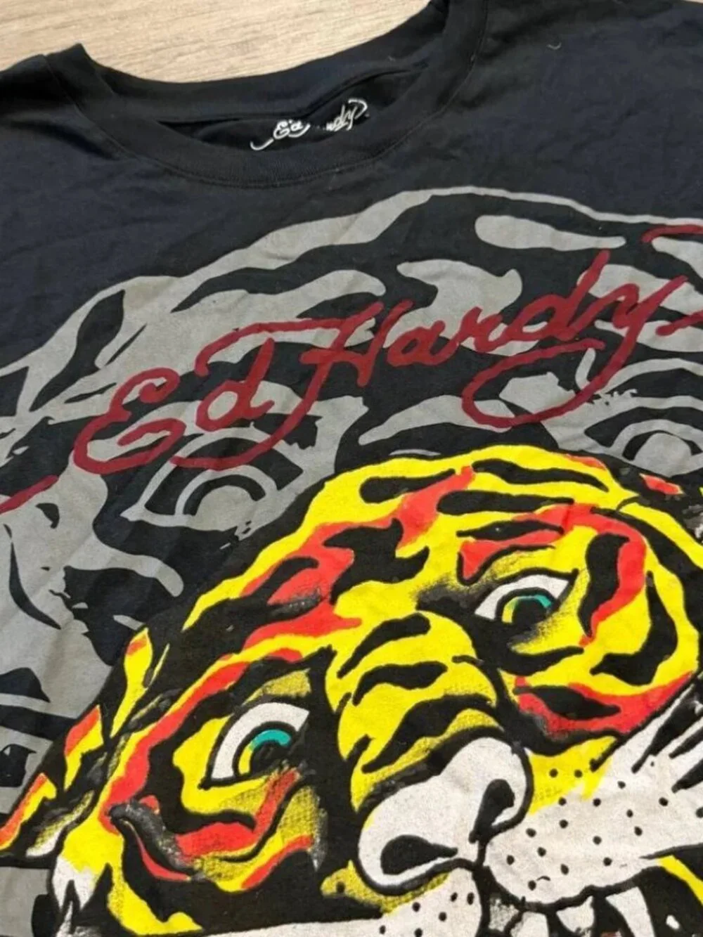 Ed Hardy Tiger Face Graphic Short Sleeve Black T-Shirt Men’s Size XL